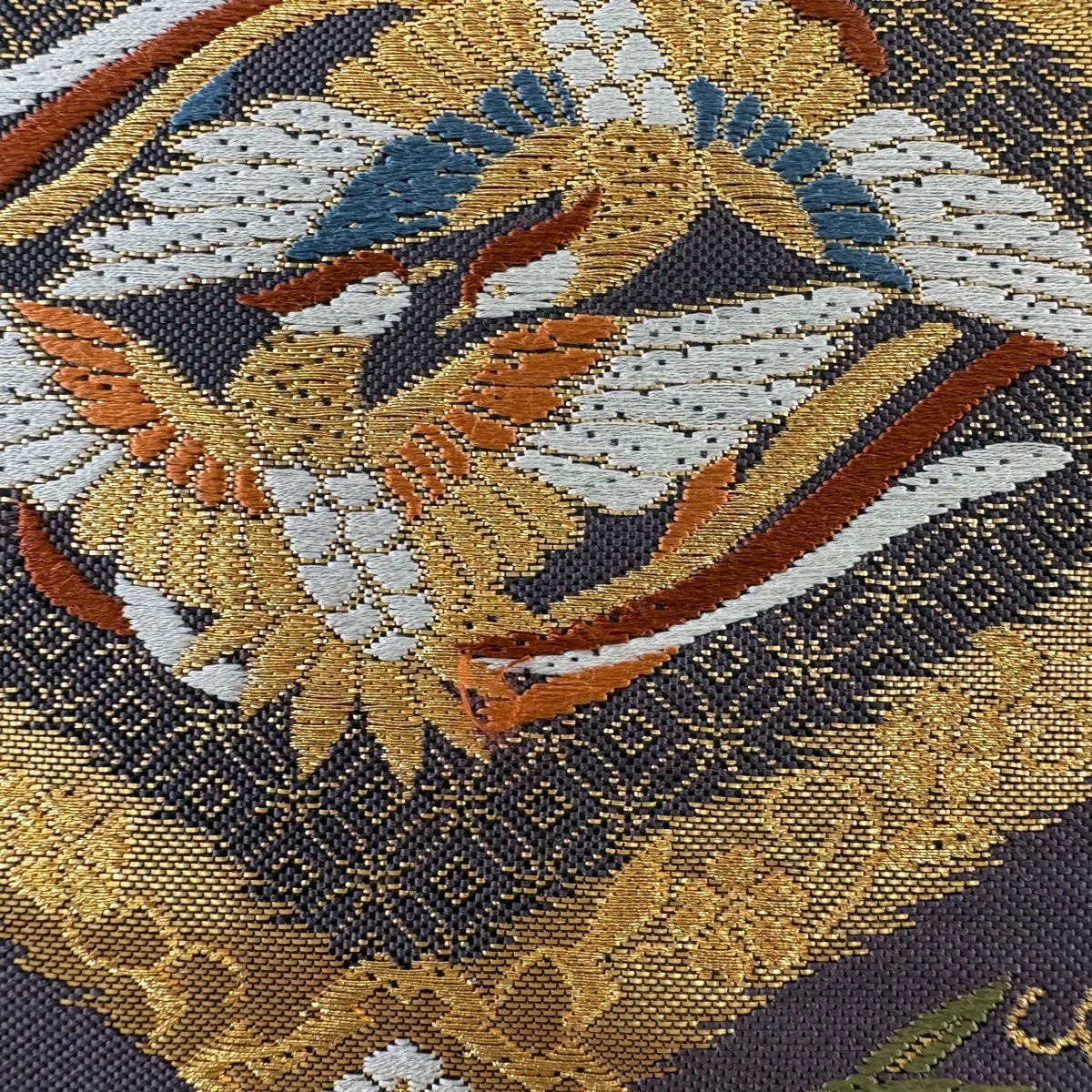 美品】 袋帯 秀品 曼陀羅染華文 向かい鳥 草花 金糸 箔 灰色 六通 正絹