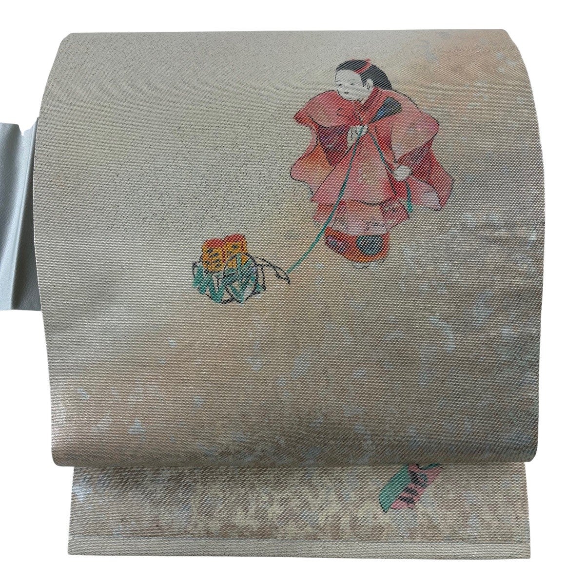 美品】 名古屋帯 優品 関西仕立て 草花 幾何学模様 銀糸 箔 ベージュ