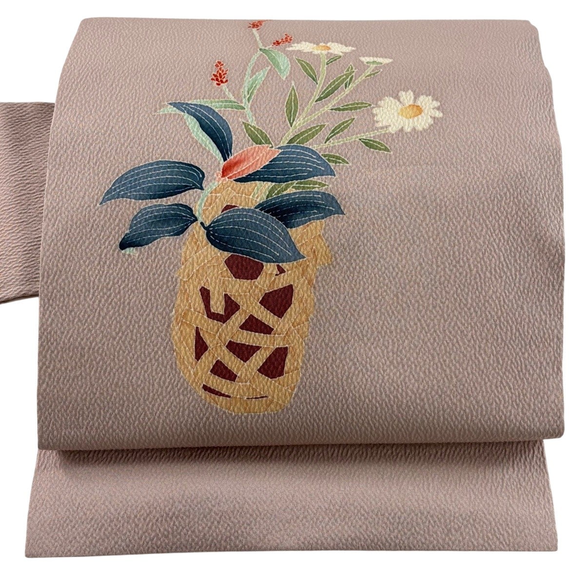 名古屋帯 秀品 落款あり 花籠 ピンクベージュ 正絹｜中古・古着