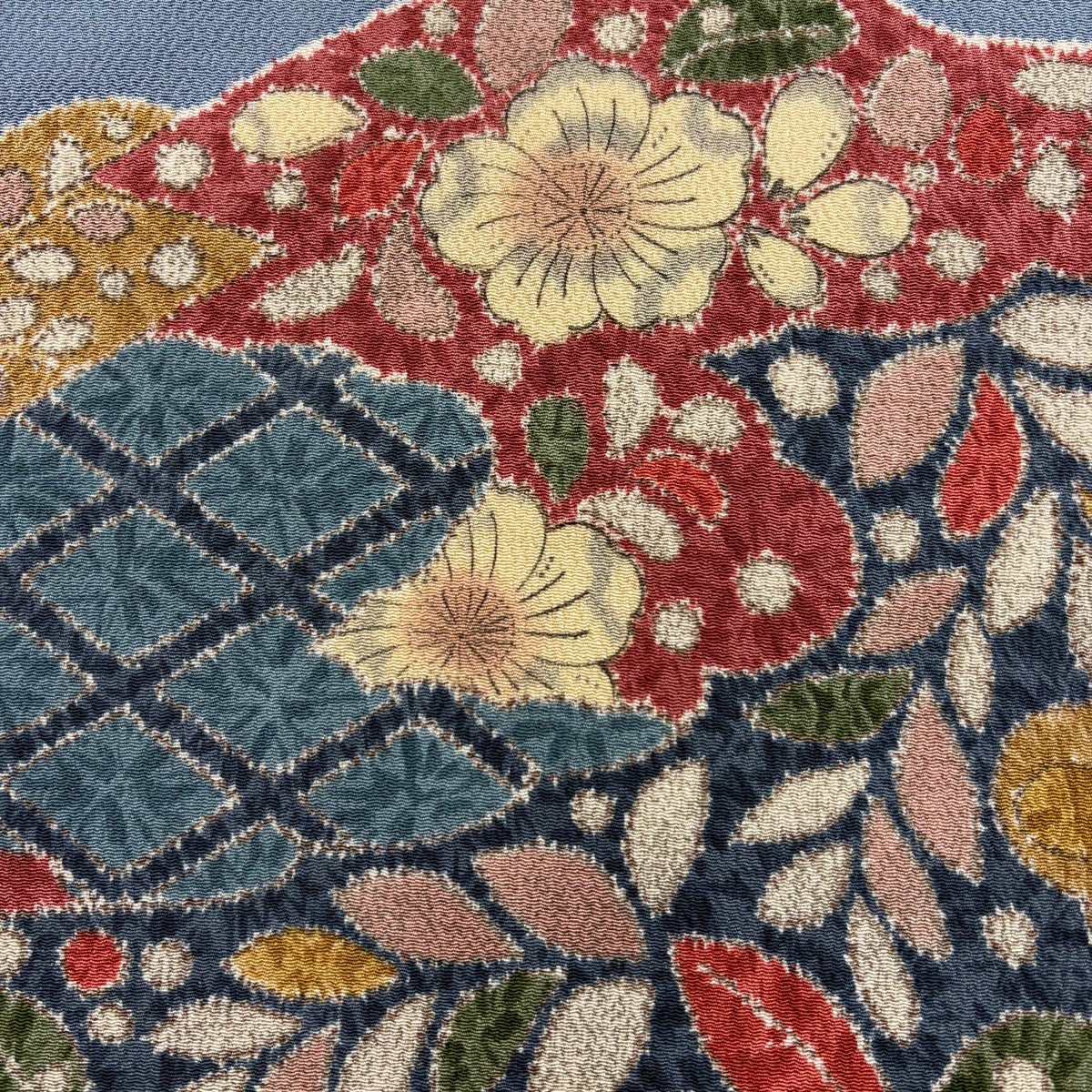 名古屋帯 秀品 草花 雲文 縮緬 青灰色 正絹｜中古・古着・リサイクル