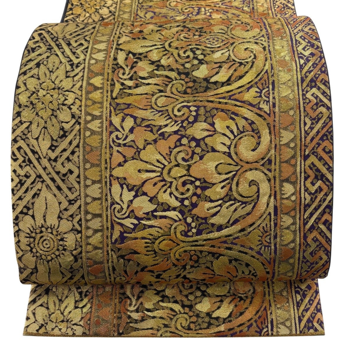 美品】 袋帯 逸品 花唐草 草花 刺繍 金糸 黄土色 全通 正絹｜中古