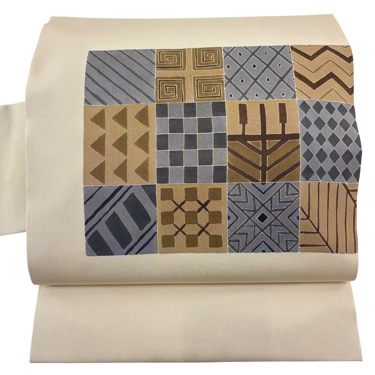 美品】 名古屋帯 秀品 市松文様 幾何学模様 金糸 金彩 ベージュ 正絹