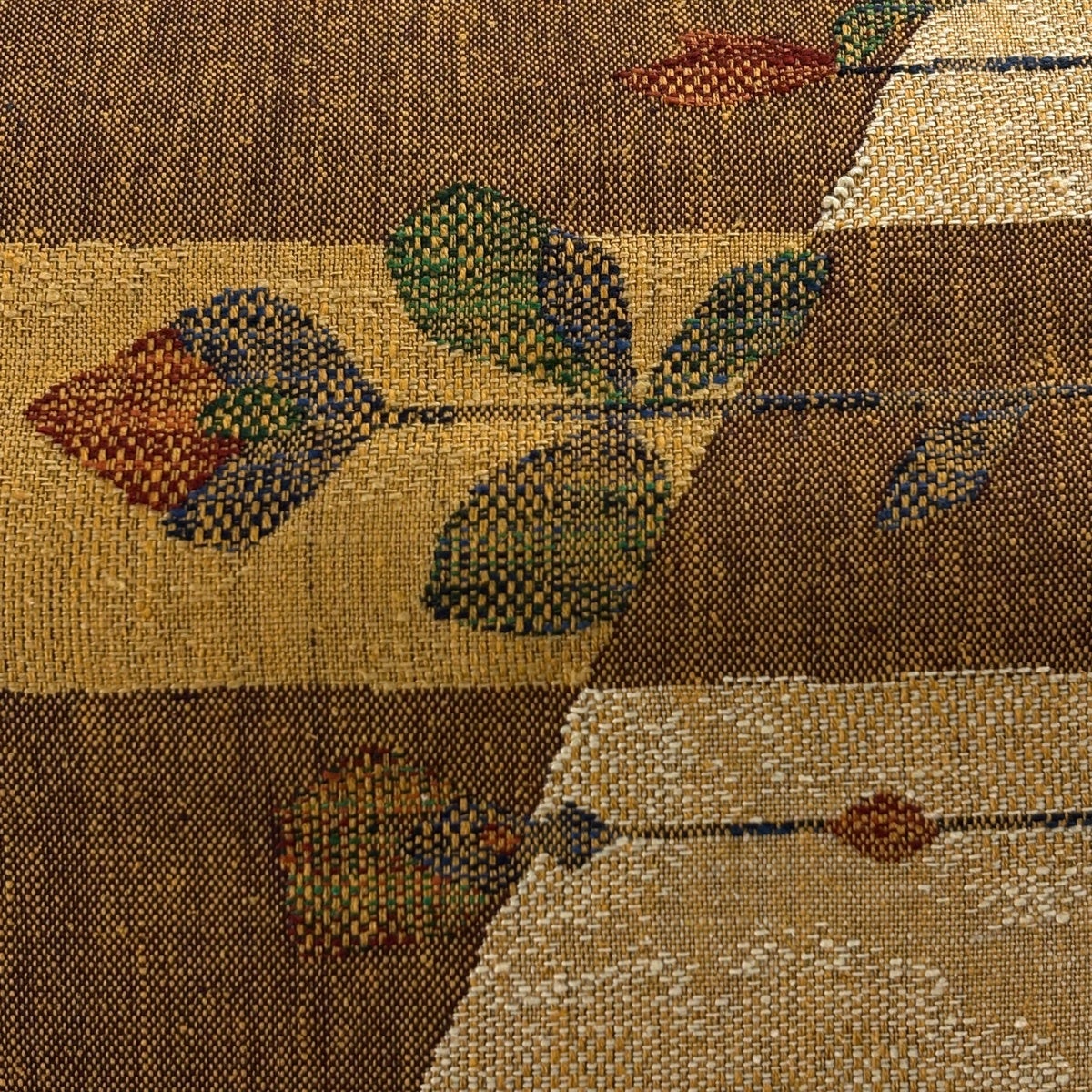 美品】 名古屋帯 秀品 八寸名古屋帯 松葉仕立て 草花 幾何学模様 茶色