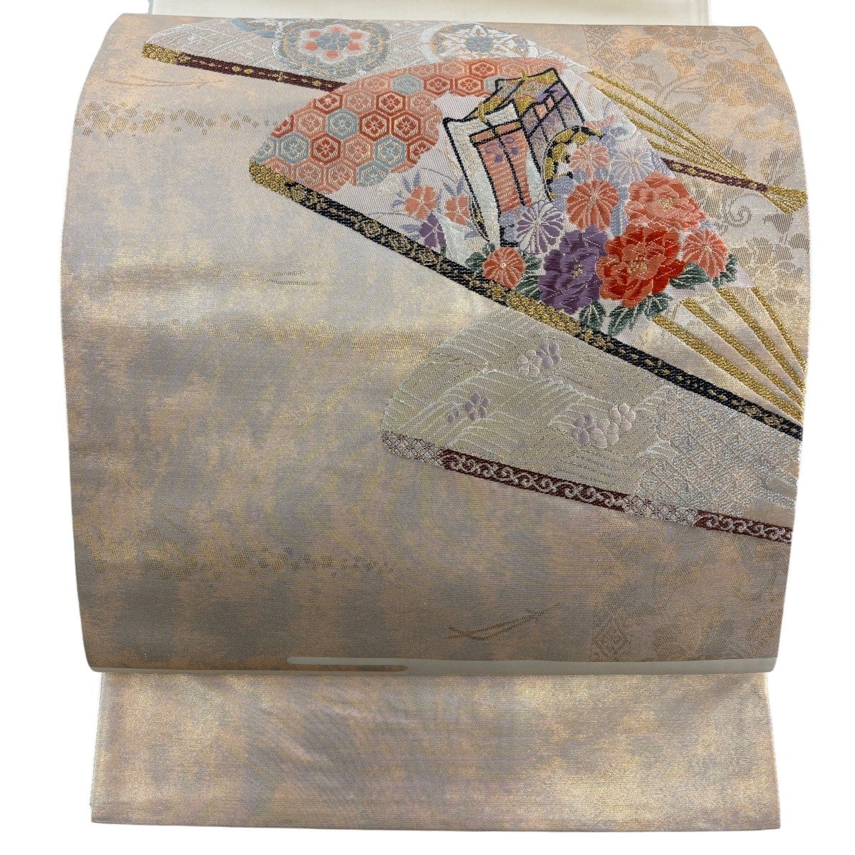 50%OFF 袋名古屋帯 優品 扇 草花 刺繍 金糸 灰白 正絹 K50｜中古・古着