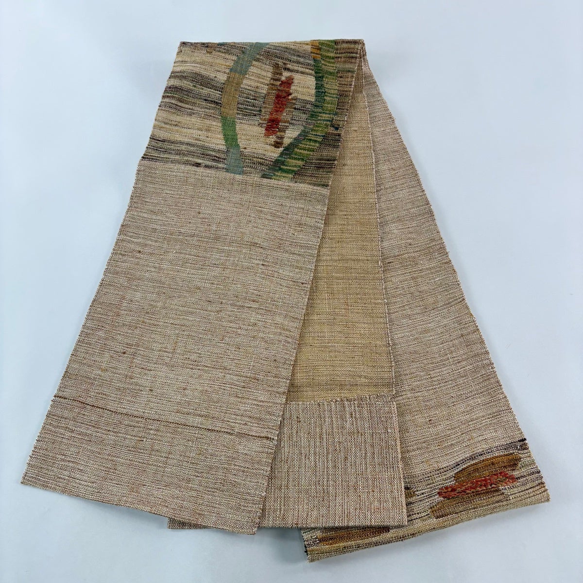 美品】 名古屋帯 優品 八寸名古屋帯 松葉仕立て 幾何学 薄茶色 正絹