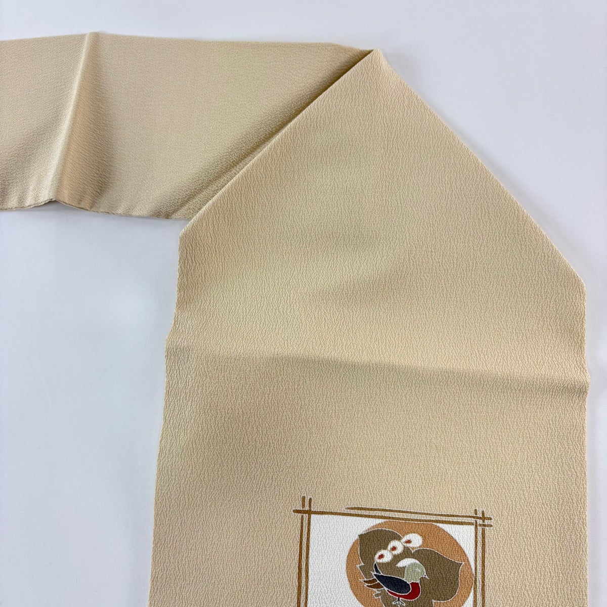 タッサーシルク ベージュ色系 作り帯 正絹　希少 美品】 名古屋帯 優品 鳥 金彩 ベージュ 正絹｜中古・古着・リサイクル
