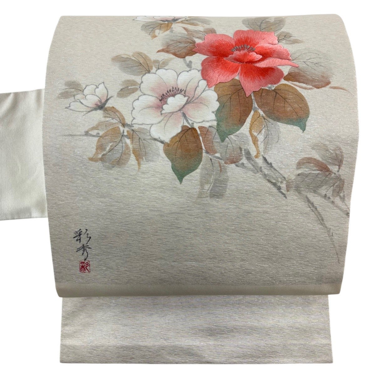 名古屋帯 優品 落款あり 枝花 銀糸 箔 クリーム 正絹｜中古・古着