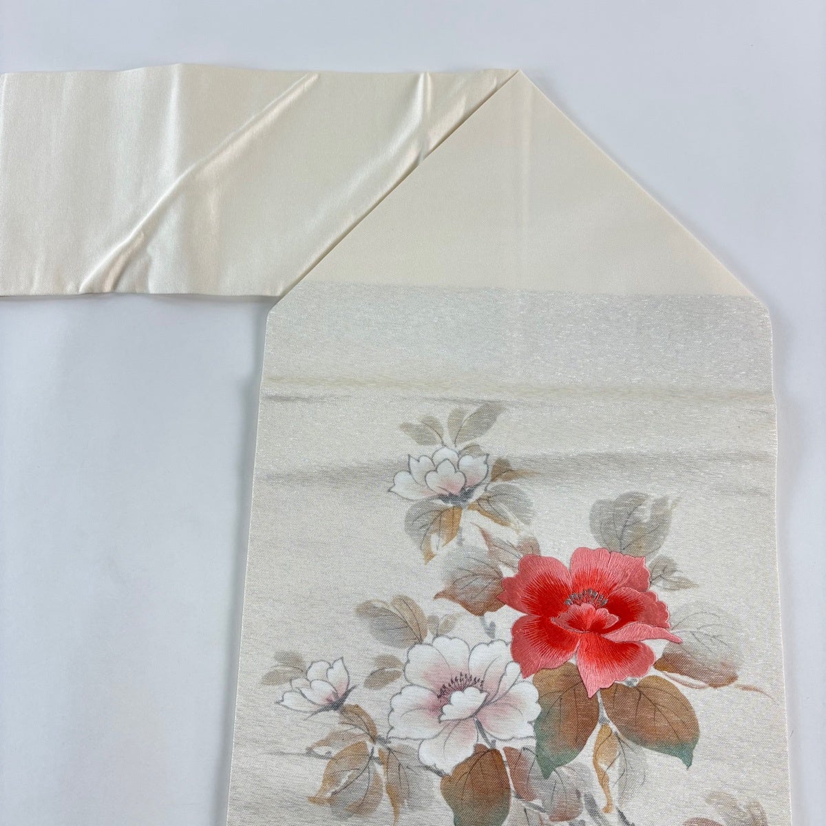 名古屋帯 優品 落款あり 枝花 銀糸 箔 クリーム 正絹｜中古・古着