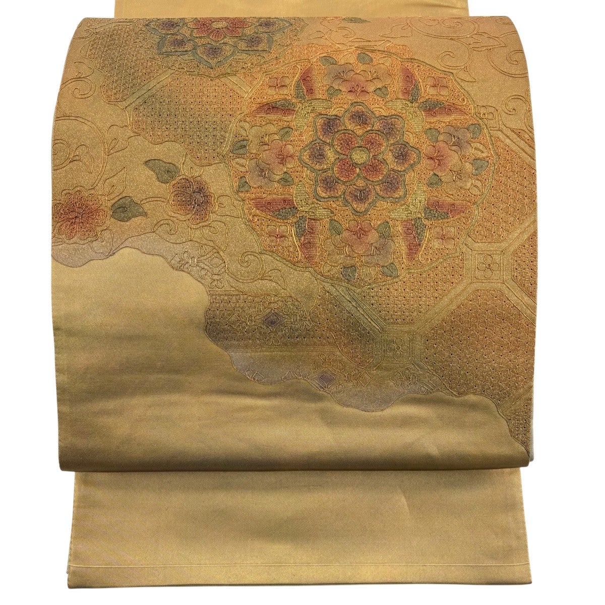 美品】 袋帯 秀品 華文 蜀江文 汕頭刺繍 金彩 金茶 お太鼓柄 正絹