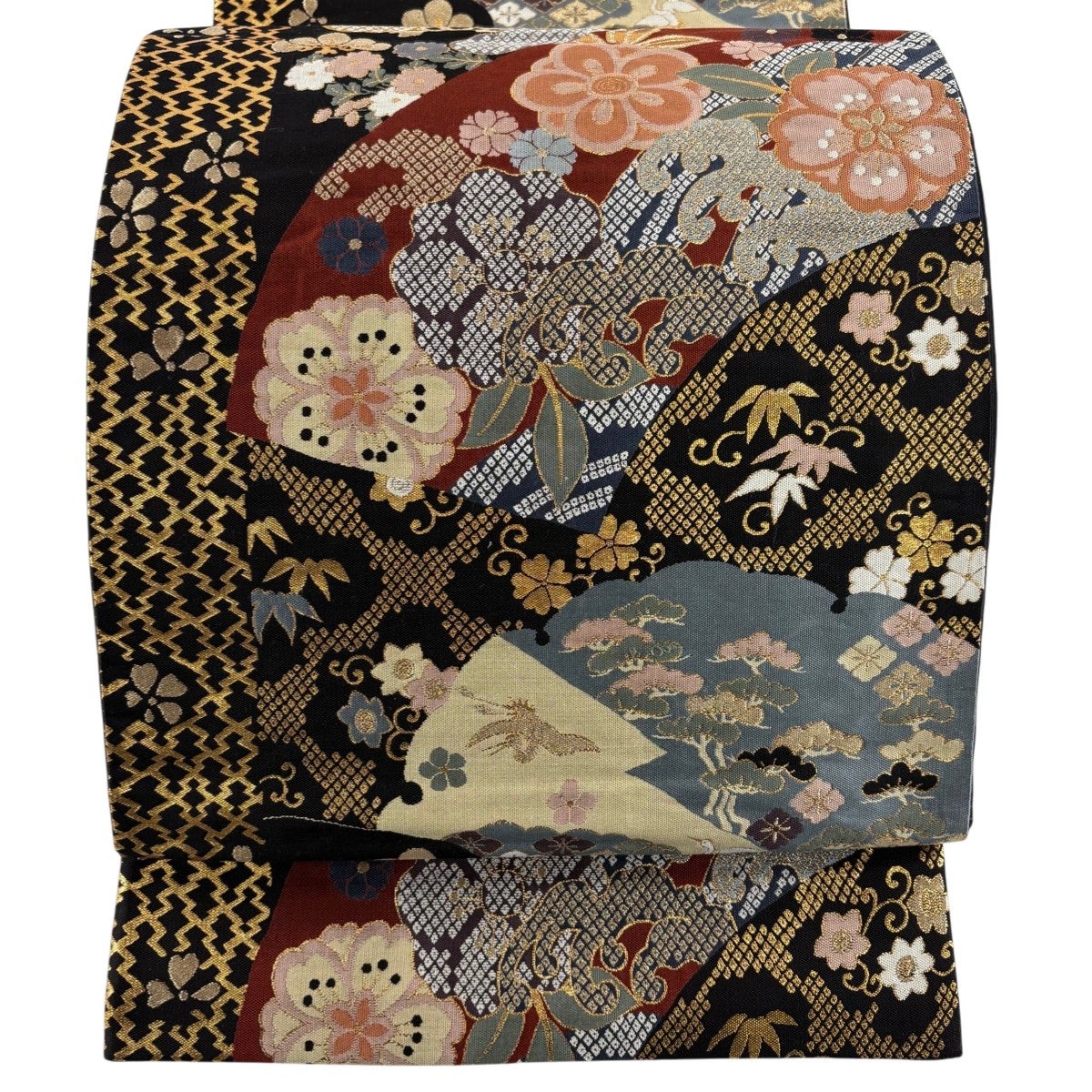 美品】 袋帯 秀品 辻が花柄 扇面 箔 金糸 茜色 六通 正絹｜中古・古着