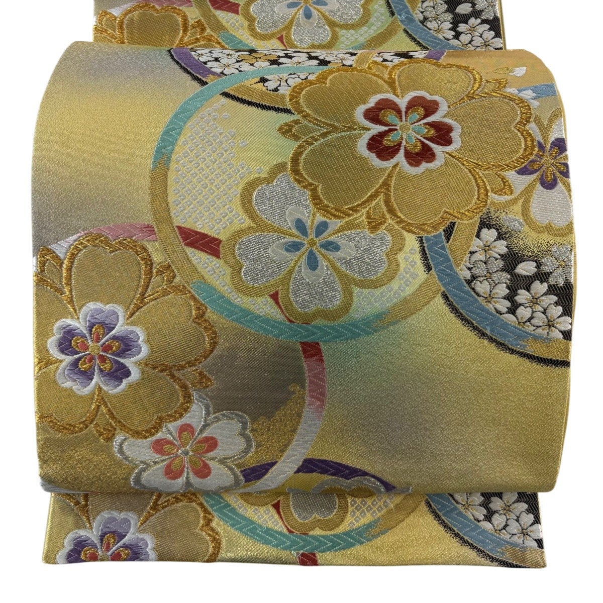 袋帯 名品 落款あり 桜 葉柄 箔 銀糸 灰紫 お太鼓柄 正絹｜中古・古着
