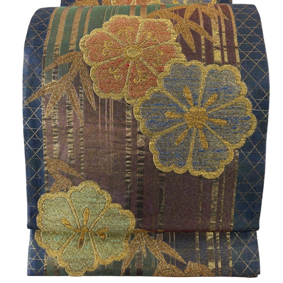 50%OFF 袋帯 秀品 梅 笹 金糸 刺繍 金色 六通 正絹 K50｜中古・古着
