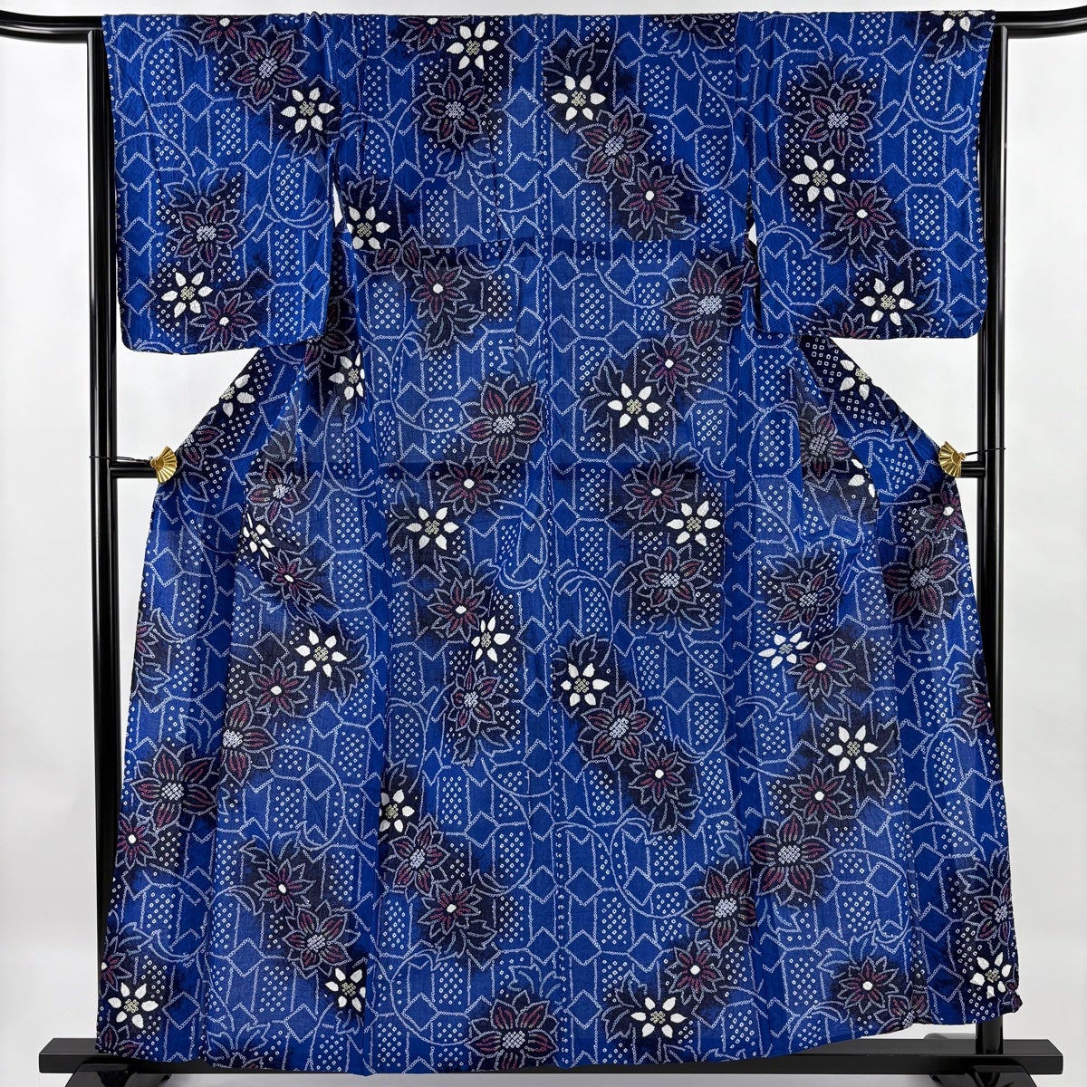 浴衣 身丈156.5cm 裄丈64cm M 絞り浴衣 蝶 草花 青 綿 名品｜中古