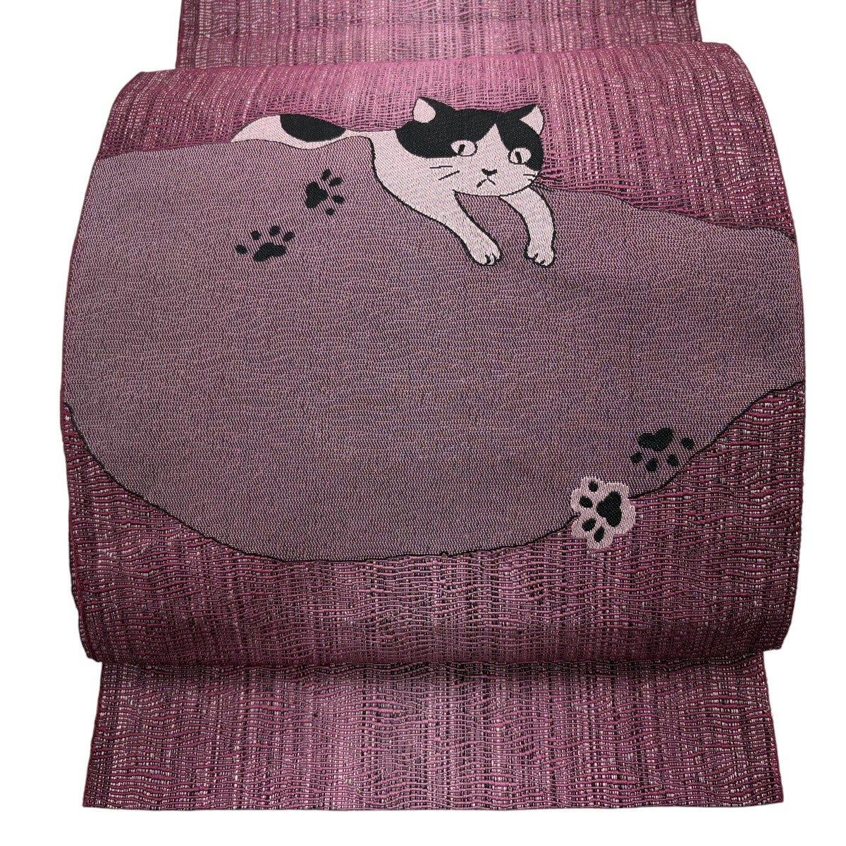 美品】 名古屋帯 逸品 八寸名古屋帯 松葉仕立て 猫 足跡 赤紫 正絹