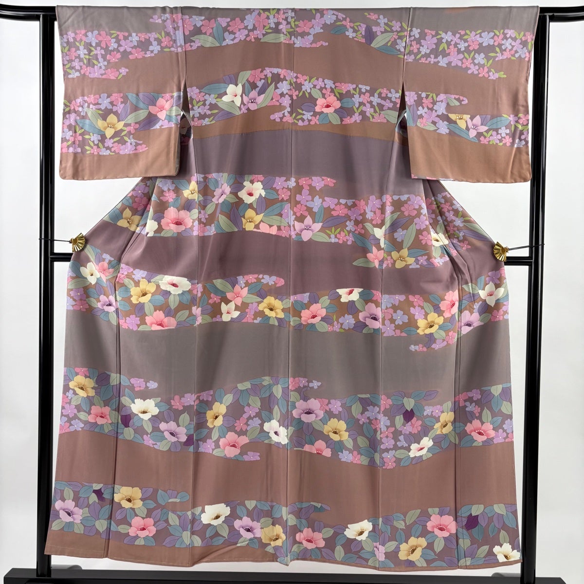 訪問着 身丈150cm 裄丈62.5cm S 袷 草花 金彩 ぼかし 灰紫 正絹 秀品