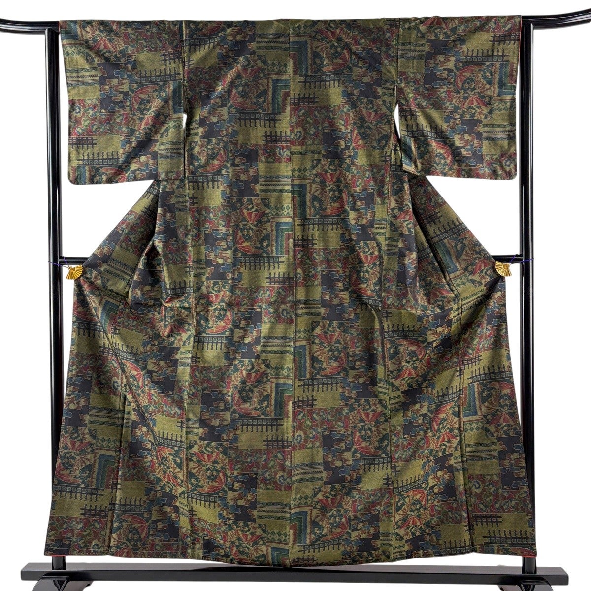 紬 身丈154cm 裄丈64.5cm M 袷 草花 麻の葉 深緑 正絹 優品｜中古