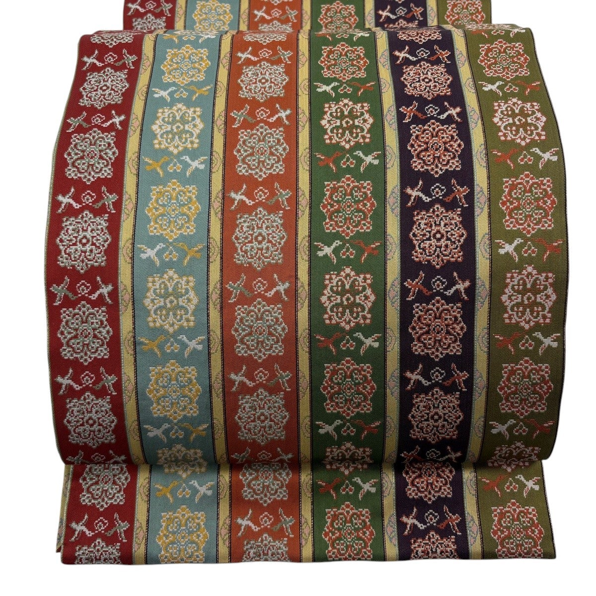 美品】 開き名古屋帯 名品 龍村美術織物 比翼仕立て 天平八稜華文錦 赤
