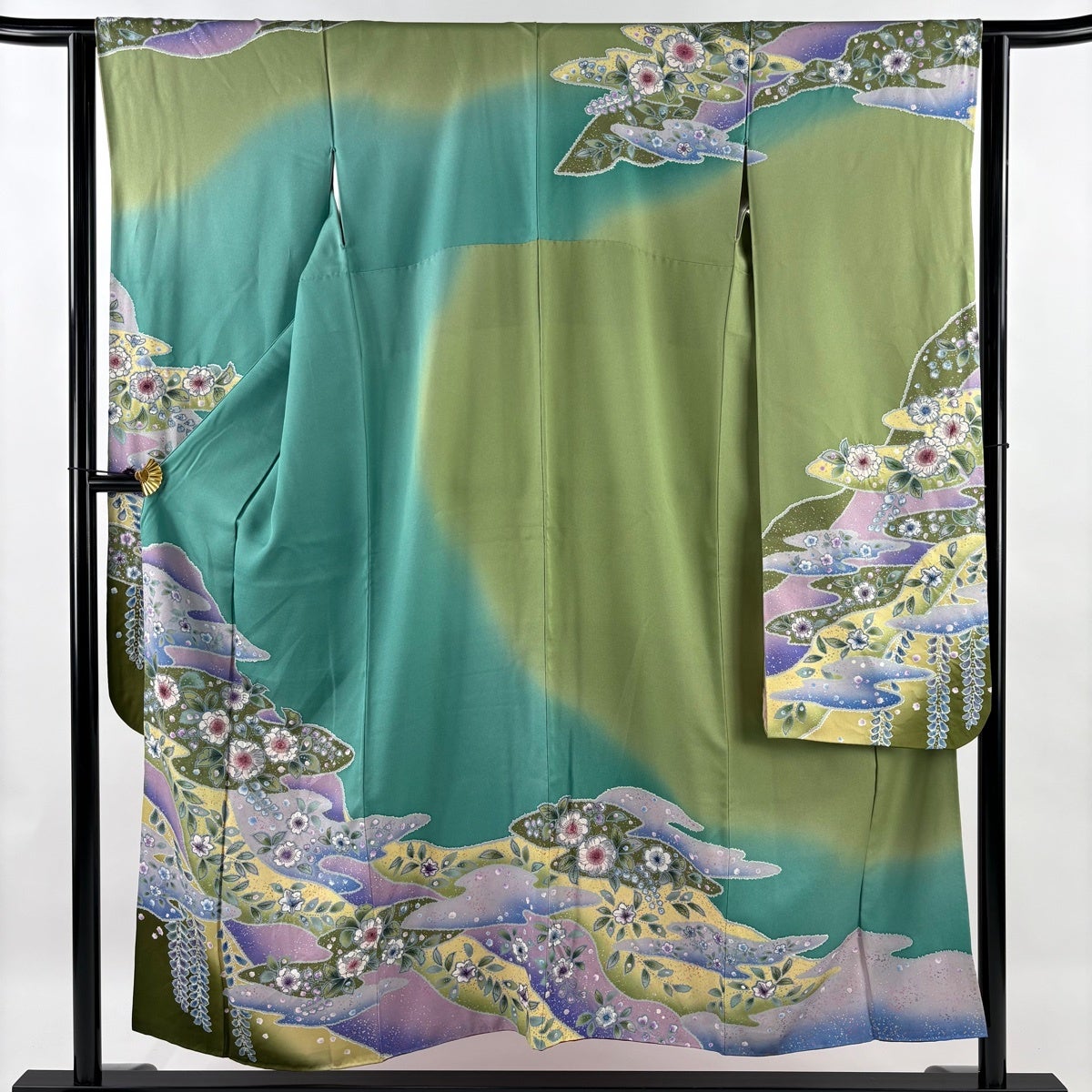 振袖 身丈154cm 裄丈63.5cm 正絹 名品 【中古】 訪問着 身丈154cm 裄丈64cm M 袷 草花 流水 金彩 ぼかし 灰緑 正絹