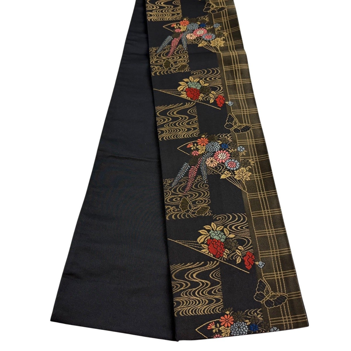 半幅帯 優品 草花 流水 黒 正絹｜中古・古着・リサイクル着物通販