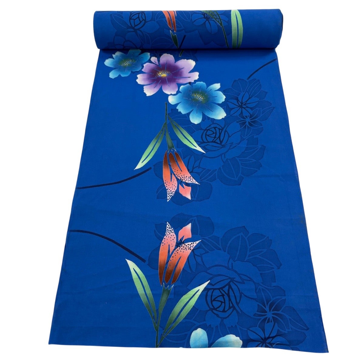 反物 優品 小紋 草花 薔薇 青 綿｜中古・古着・リサイクル着物通販