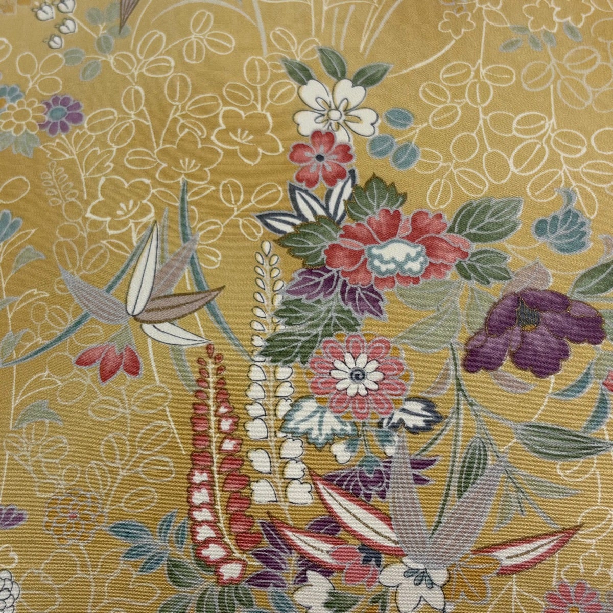 反物 秀品 小紋 鳥 草花 金彩 薄黄土色 正絹｜中古・古着・リサイクル