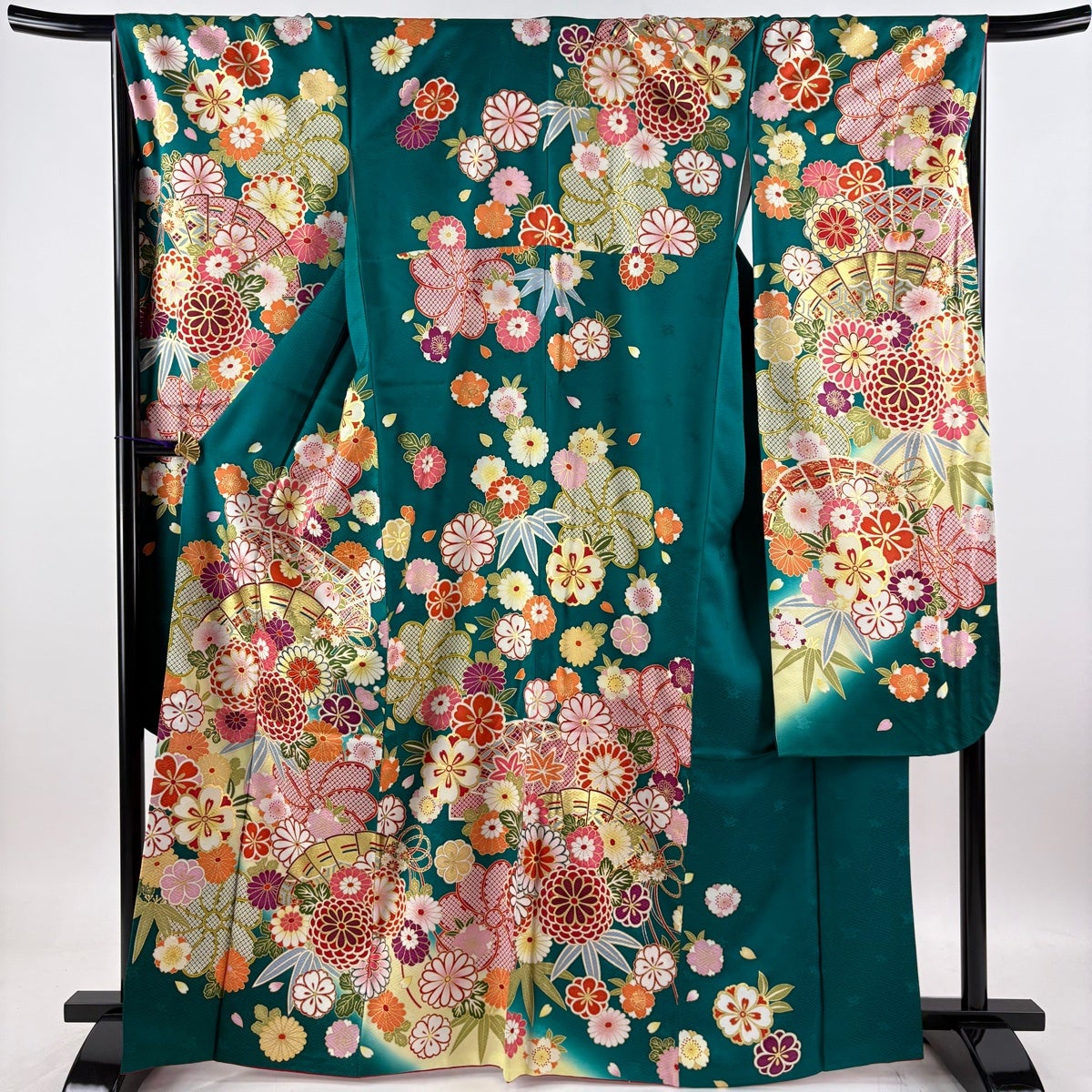 美品】 振袖 身丈166cm 裄丈67cm M 袷 袋帯フルセット 桧扇 菊 金彩 緑