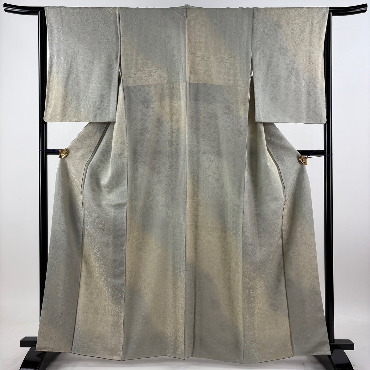 美品】 小紋 身丈163cm 裄丈64cm M 袷 袋帯セット 地紋 ぼかし 灰緑