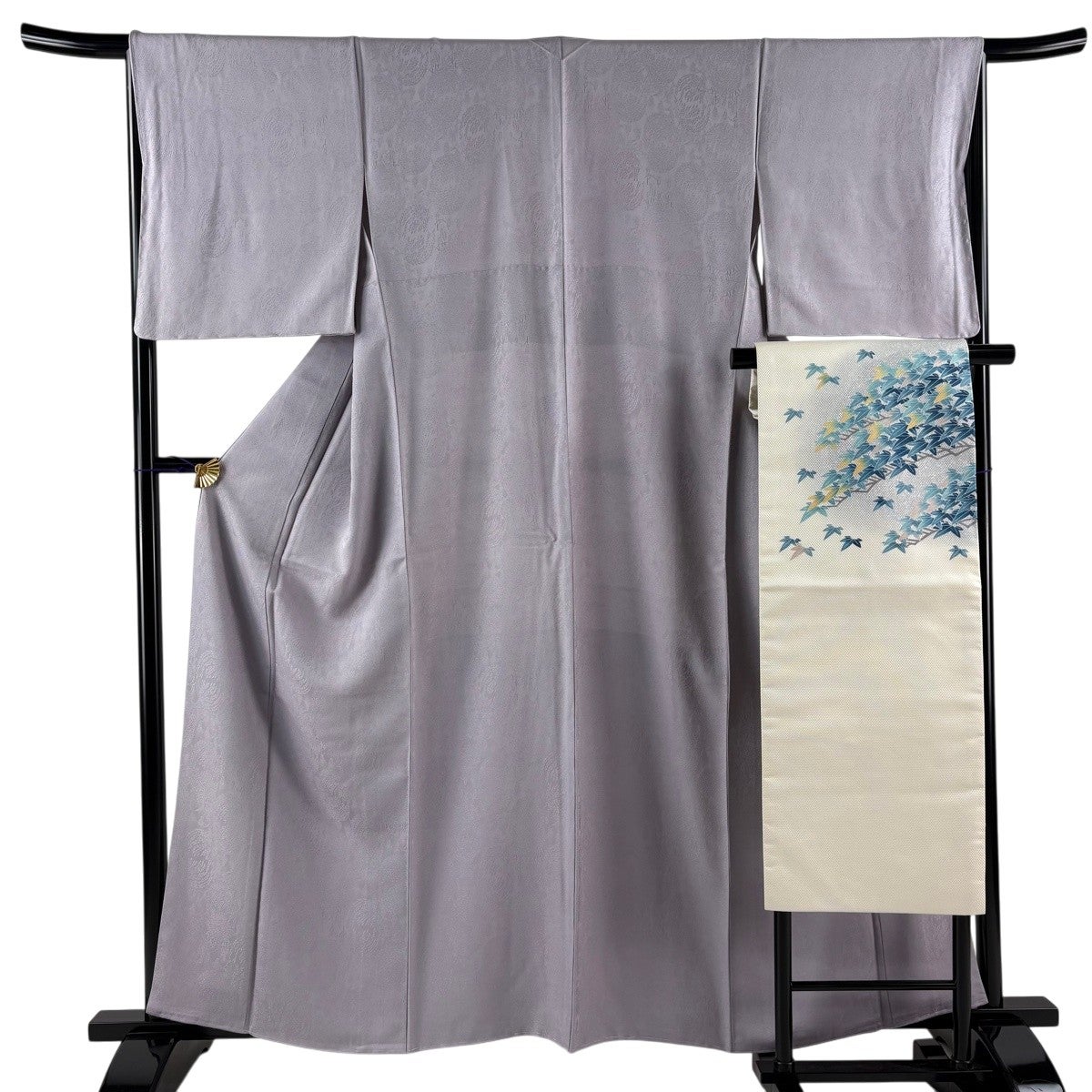 美品】 色無地 身丈159cm 裄丈67cm M 袷 名古屋帯セット 地紋 灰紫