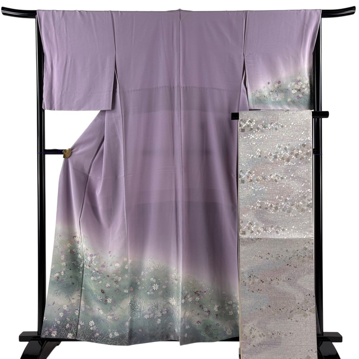 薄紫色 花柄刺繍 訪問着 159cm 袋帯　フルセット 美品】 付下げ 身丈159.5cm 裄丈66cm M 袷 袋帯セット 落款あり 草花