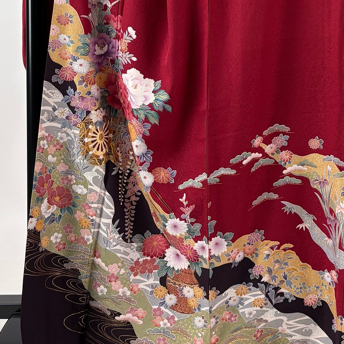 美品】 振袖 身丈166.5cm 裄丈68cm L 袷 袋帯フルセット 花車 流水