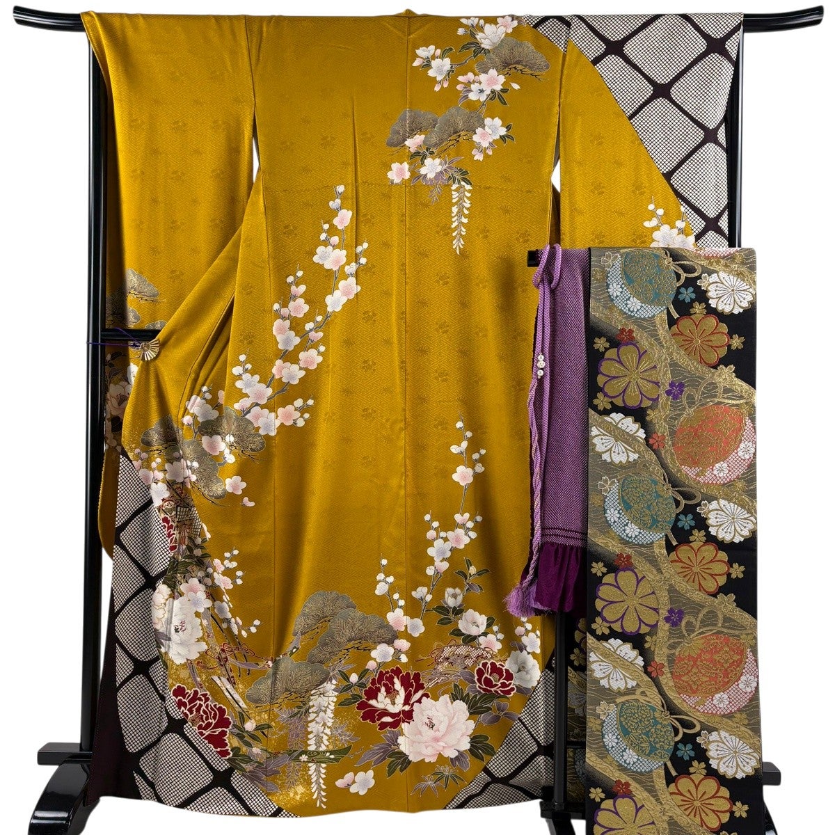 振袖 身丈161.5cm 裄丈67cm M 袷 袋帯フルセット 花車 草花 銀彩 絞り