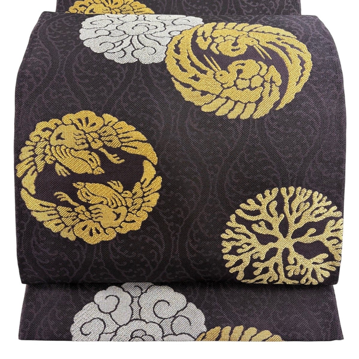 美品】 袋帯 名品 落款あり 鳥 華文 金銀糸 濃紫 六通 正絹｜中古