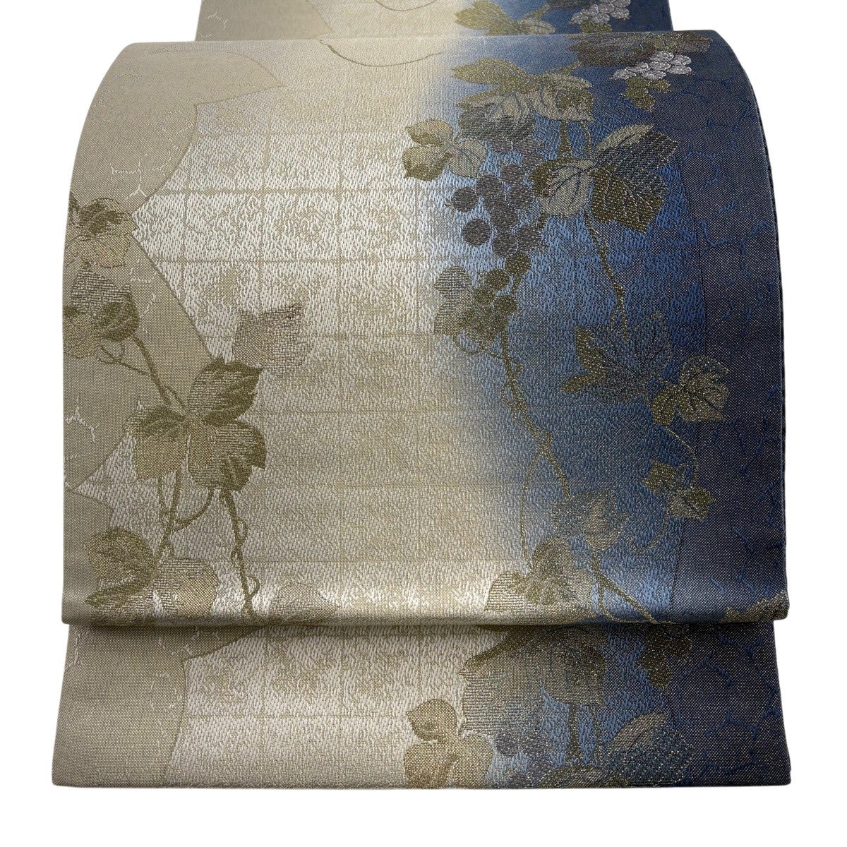 美品】 袋帯 名品 葡萄 格子 金銀糸 クリーム 六通 正絹｜中古・古着