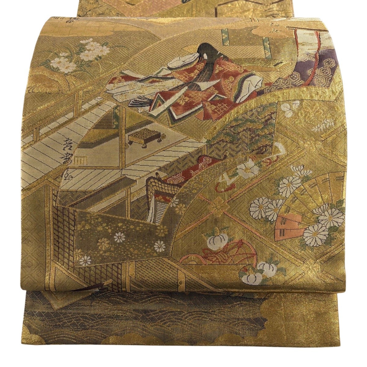 美品】 袋帯 名品 扇面 姫 箔 金糸 金色 お太鼓柄 正絹｜中古・古着