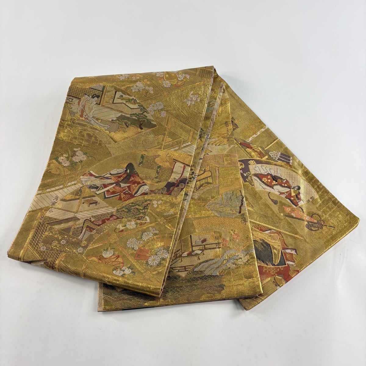 美品】 袋帯 名品 扇面 姫 箔 金糸 金色 お太鼓柄 正絹｜中古・古着