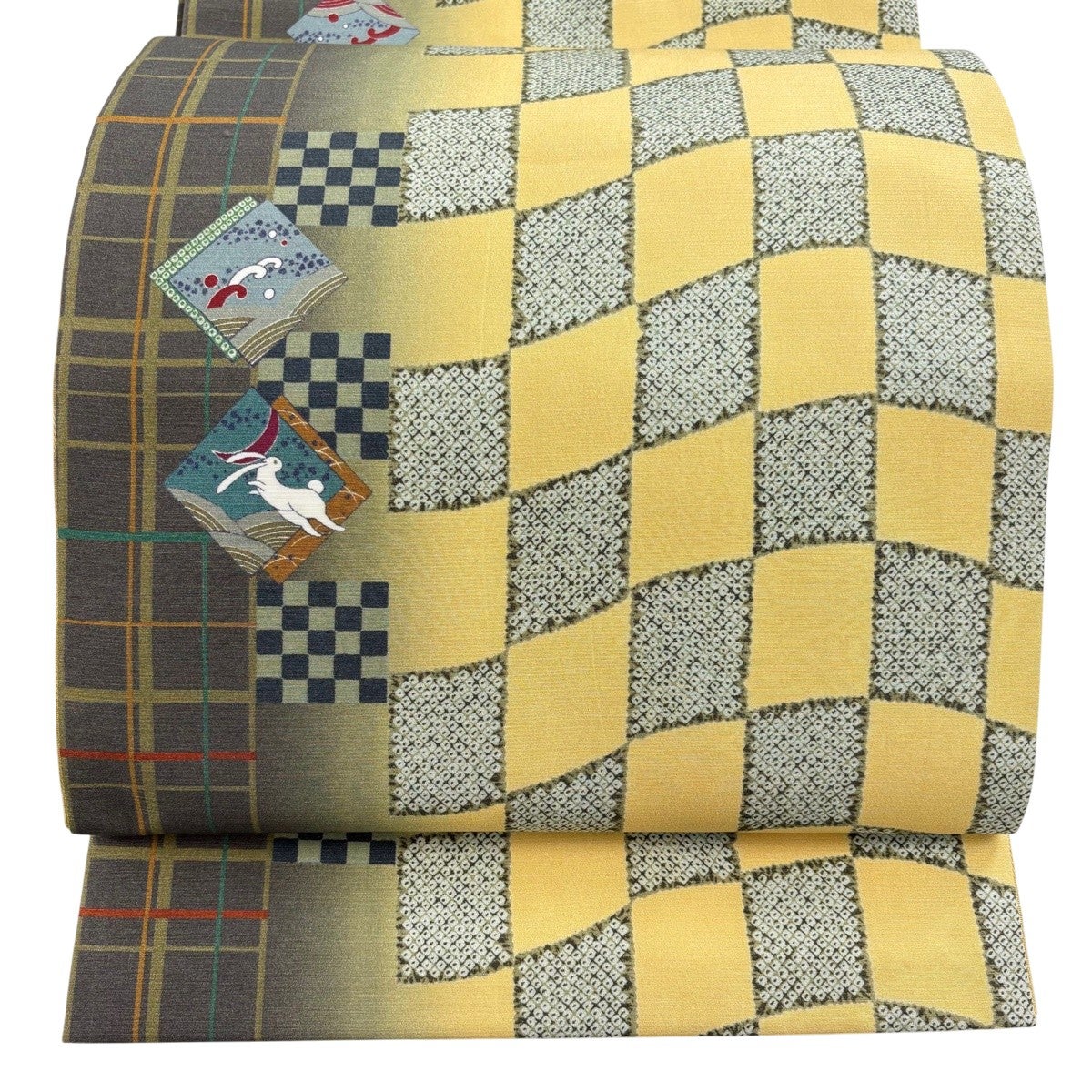 美品】 袋帯 名品 市松 うさぎ 黄色 全通 正絹｜中古・古着