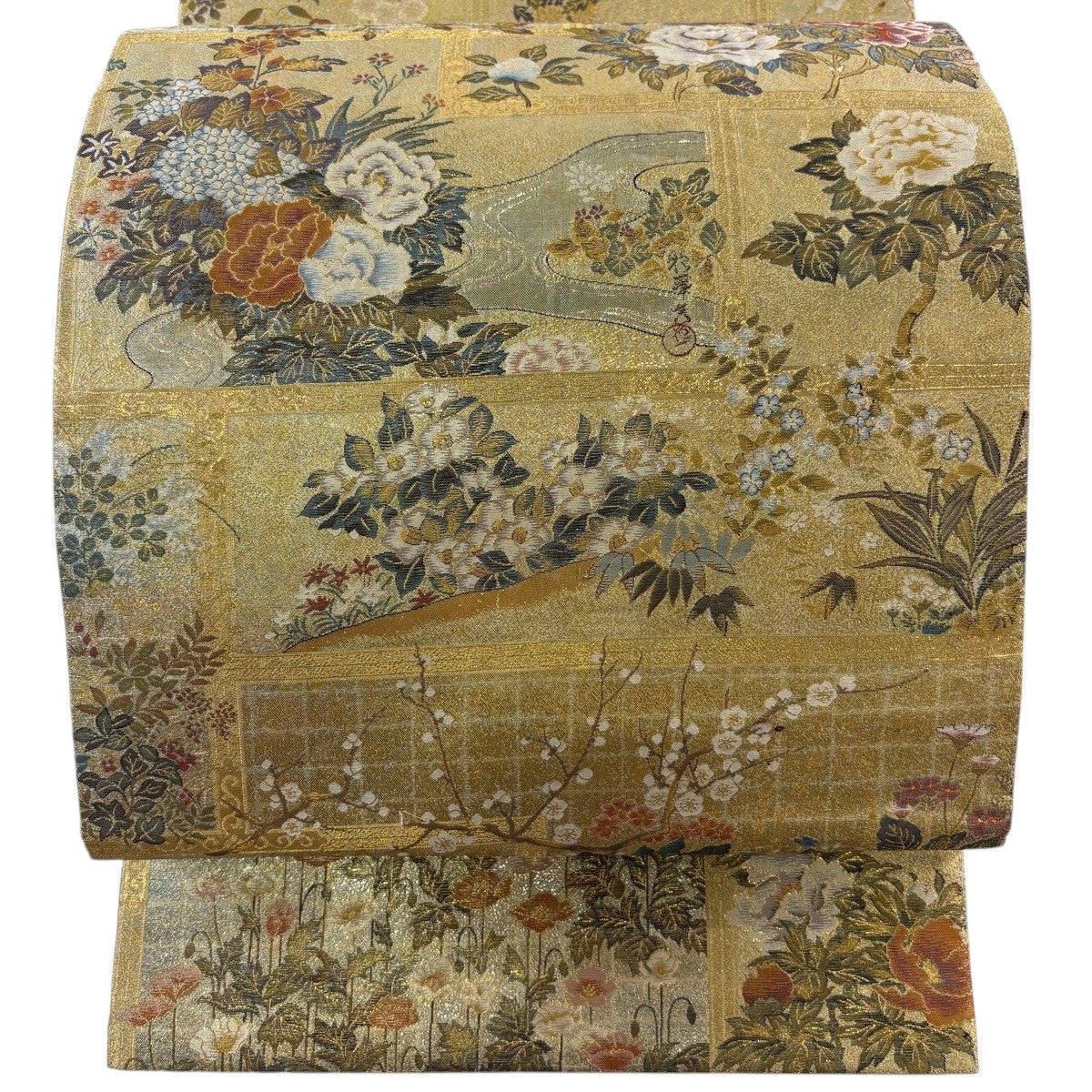 R8SK872 名古屋帯 絽 夏帯 草花文 流水 金糸 お太鼓柄 ライトグレー 美品】 丸帯 名品 草花 流水 金糸 箔 金色 お太鼓柄 正絹｜中古・古着