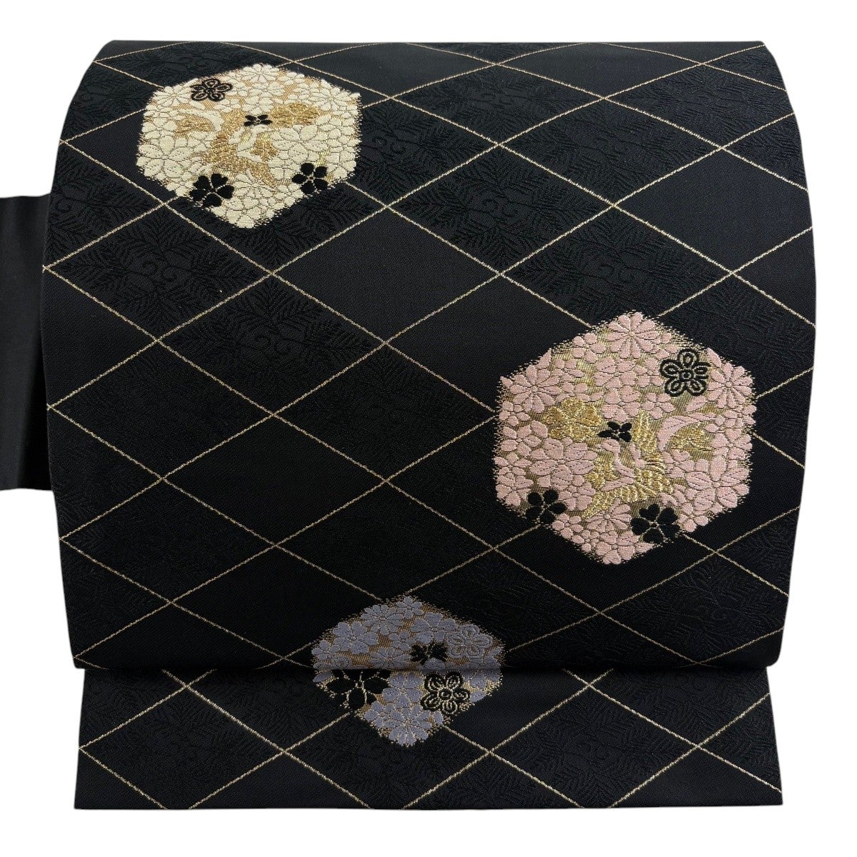 マジックテープ 簡単着付け袋帯 黒地 金彩 刺繍 花文様 中古品 美品】 名古屋帯 優品 花鳥 亀甲 金糸 刺繍 黒 正絹｜中古・古着