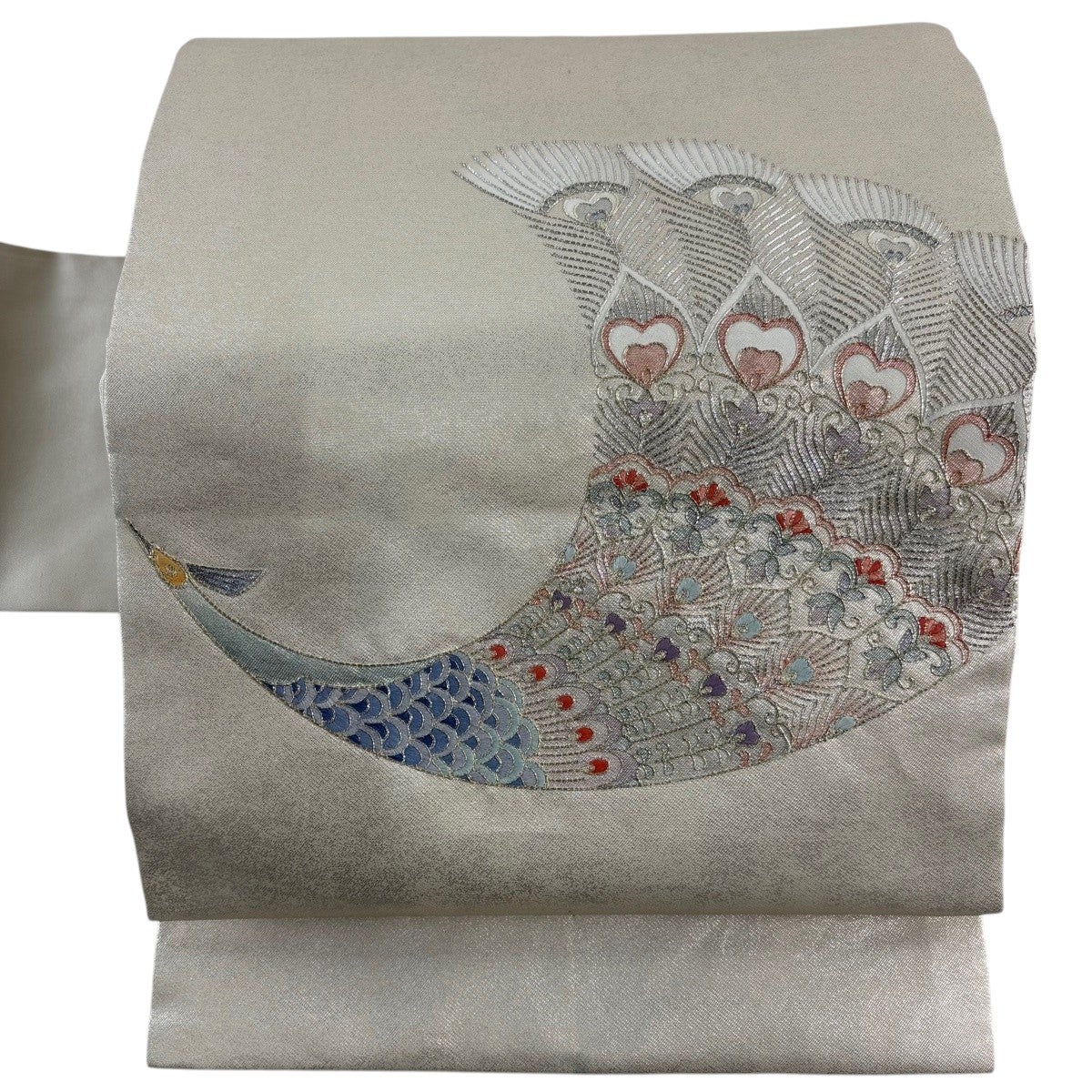 名古屋帯 優品 孔雀 青海波 銀糸 刺繍 クリーム 正絹｜中古・古着