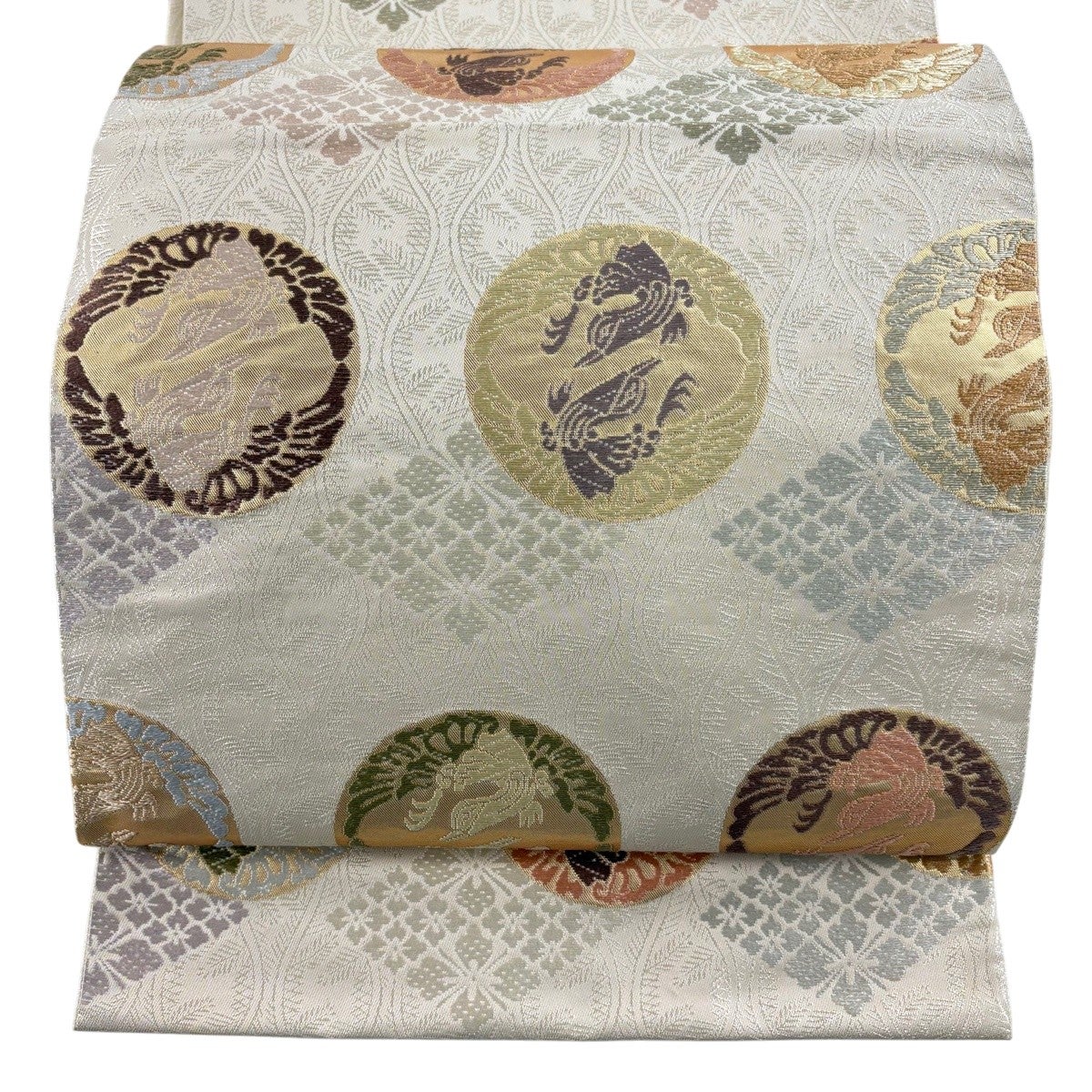 袋帯 名品 鳥 花菱 刺繍 箔 ベージュ 六通 正絹｜中古・古着