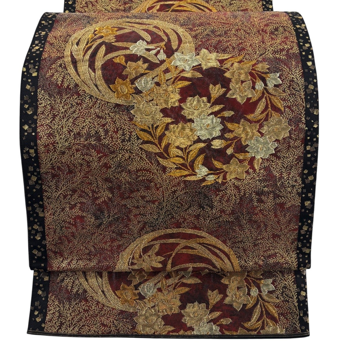 美品】 袋帯 名品 じゅらく 落款あり 花丸文 箔散らし 金銀糸 箔 黒 六