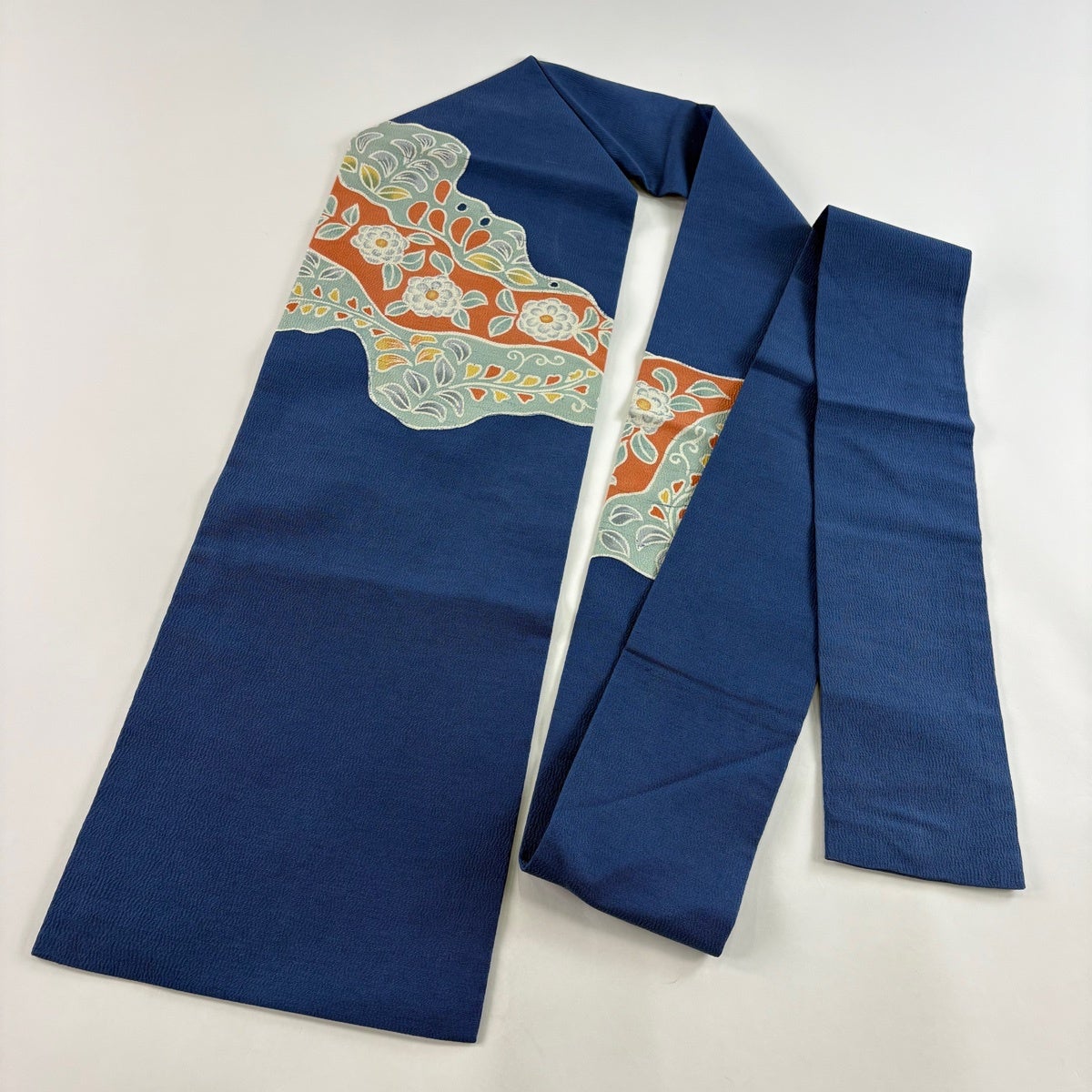 名古屋帯 秀品 草花 道長取 縮緬 青 正絹｜中古・古着・リサイクル着物