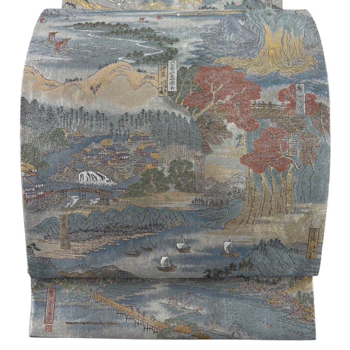 袋帯 秀品 扇面 風景 金糸 箔 金色 お太鼓柄 正絹｜中古・古着