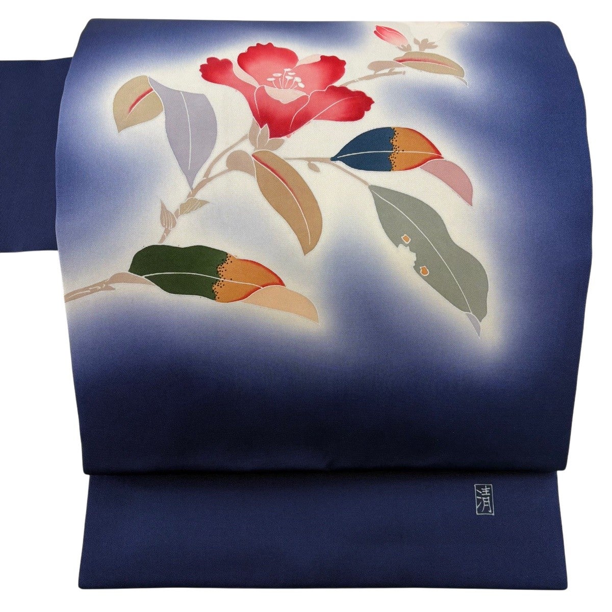 美品】 名古屋帯 秀品 落款あり 枝花 ぼかし 紺色 正絹｜中古・古着
