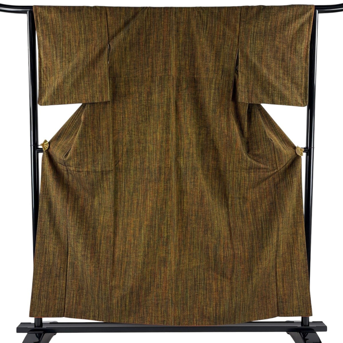 紬 身丈158cm 裄丈65cm M 袷 縦縞 茶緑色 正絹 優品｜中古・古着