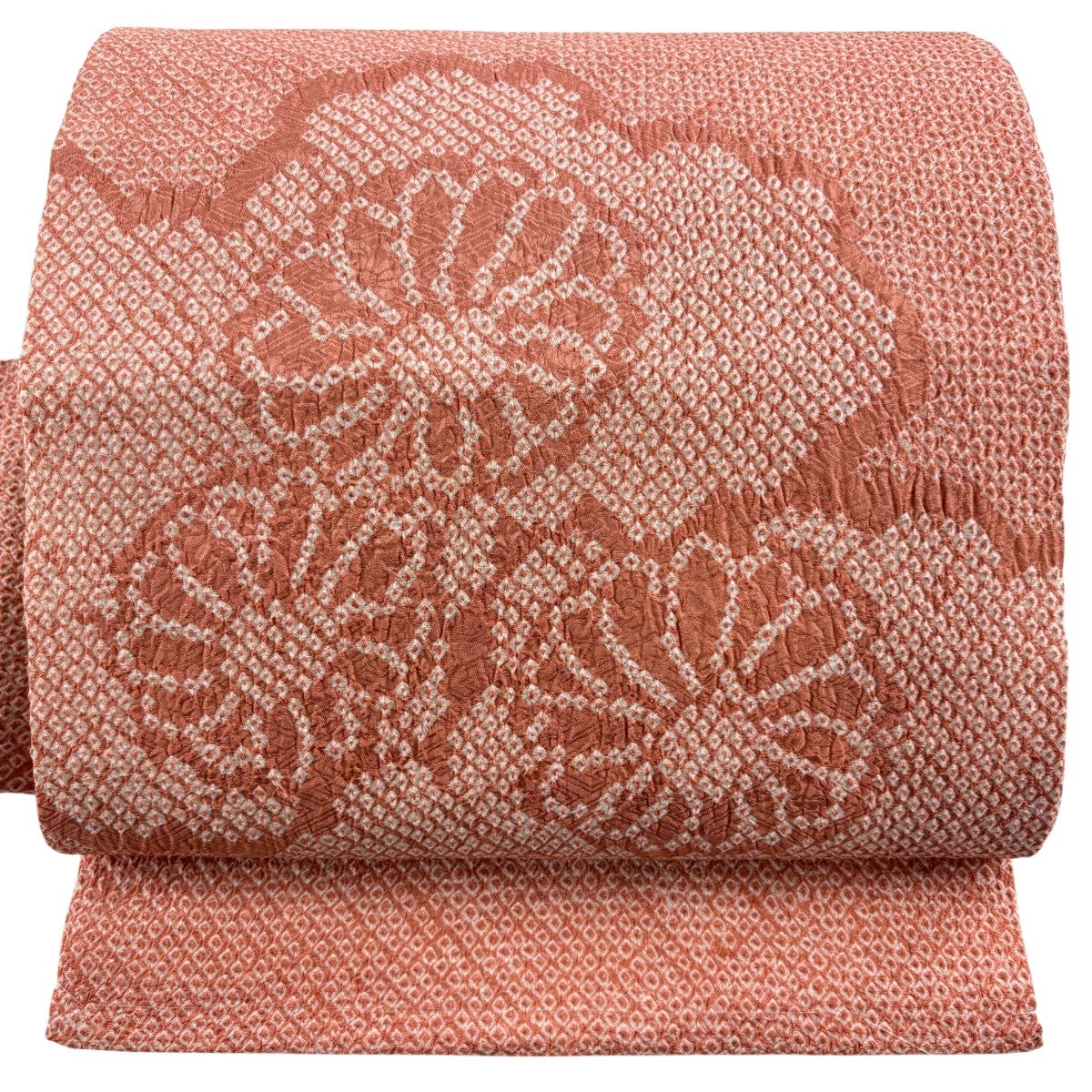 美品】 名古屋帯 優品 雲文 花 絞り サーモンピンク 正絹｜中古・古着