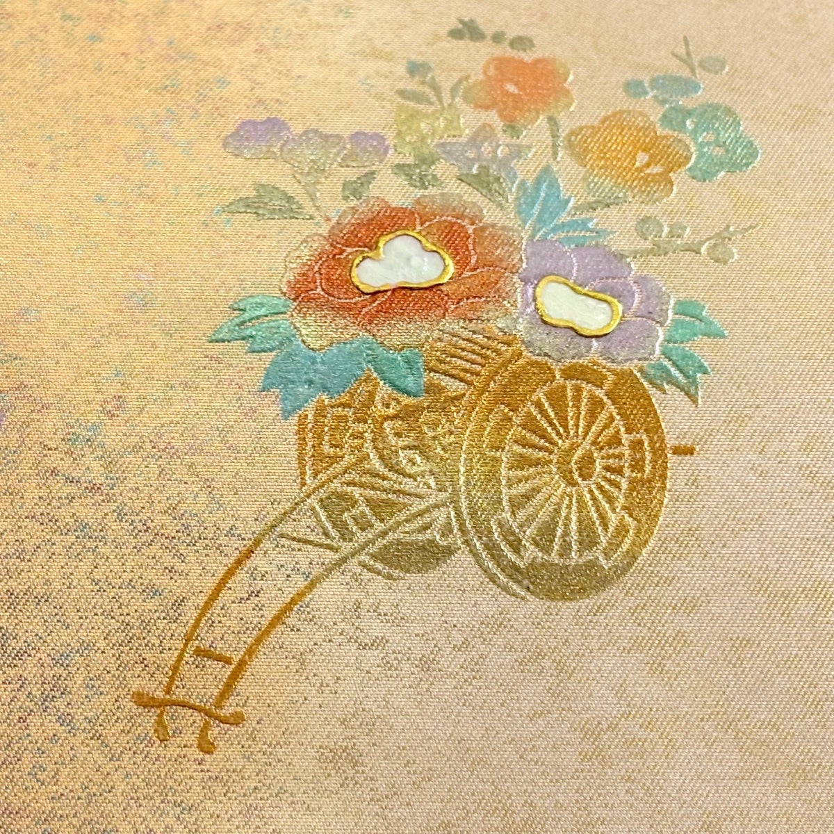 名古屋帯 優品 花車 蝶 螺鈿 金銀彩 灰紫 正絹｜中古・古着