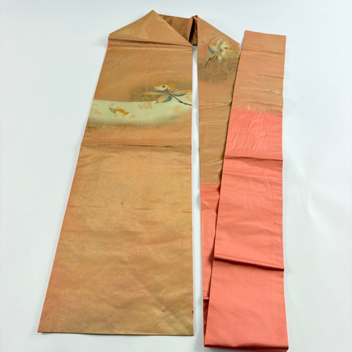 名古屋帯 優品 椿 幾何学模様 螺鈿 金銀彩 金色 正絹｜中古・古着