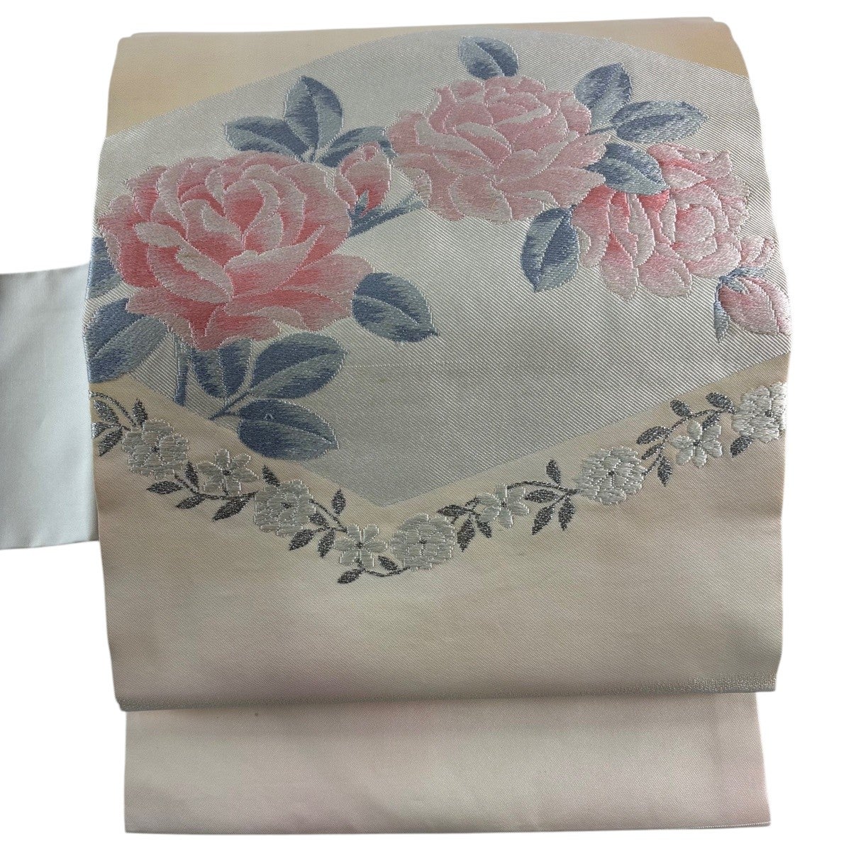 名古屋帯 優品 関西仕立て 草花 銀糸 ベージュ 正絹｜中古・古着