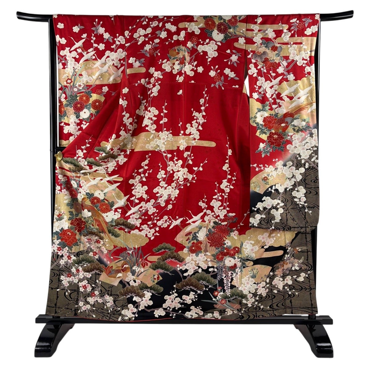 振袖 身丈160cm 裄丈66cm M 袷 花鳥 扇面 金彩 金糸 赤 正絹 名品